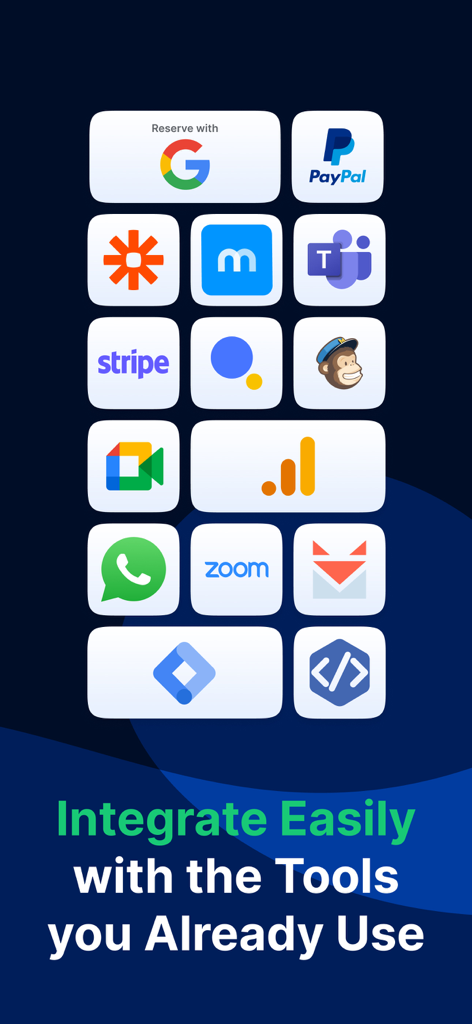 Trafft app screen showing various software integrations like Google Zoom PayPal and Stripe