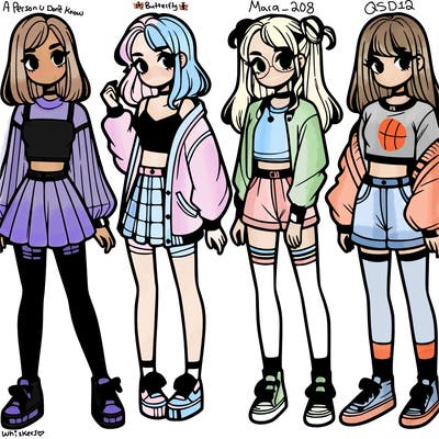 one girl with crop-top shirt and a jacket with a skirt, long socks and another girl with a shirt and pants with a jacket