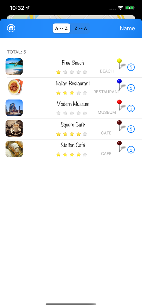 Pin the World 2 - Pin the World 2アプリの保存済みロケーションリスト。写真、星評価、旅行カテゴリが表示されます。