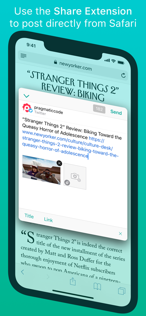 Screenshot of Linky share extension overlay on a Safari webpage for direct social media posting