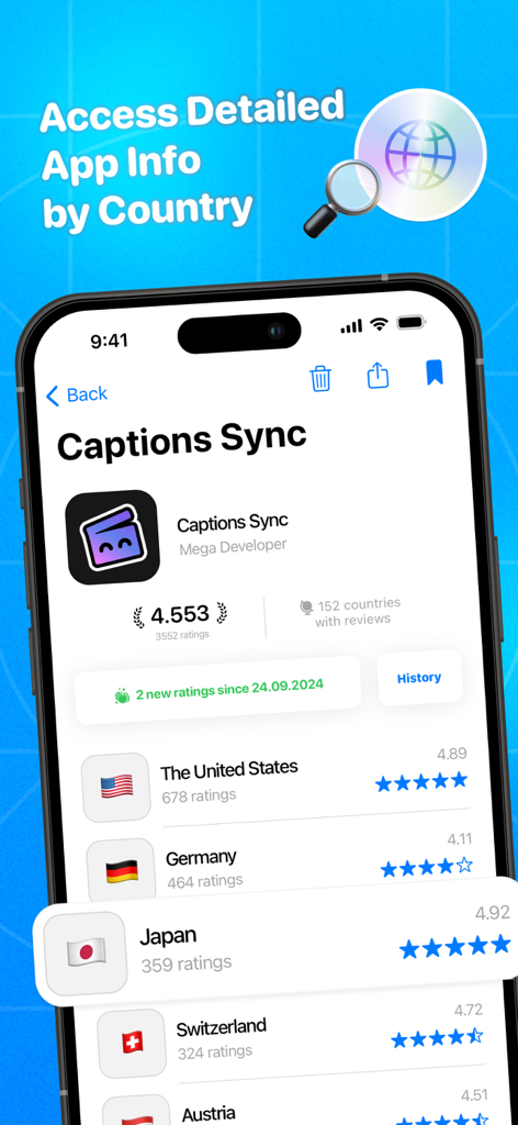 Review Buddy:ASO, switch store - Review Buddyインターフェース。米国、ドイツ、日本を含むさまざまな国のアプリ評価と統計を表示しています