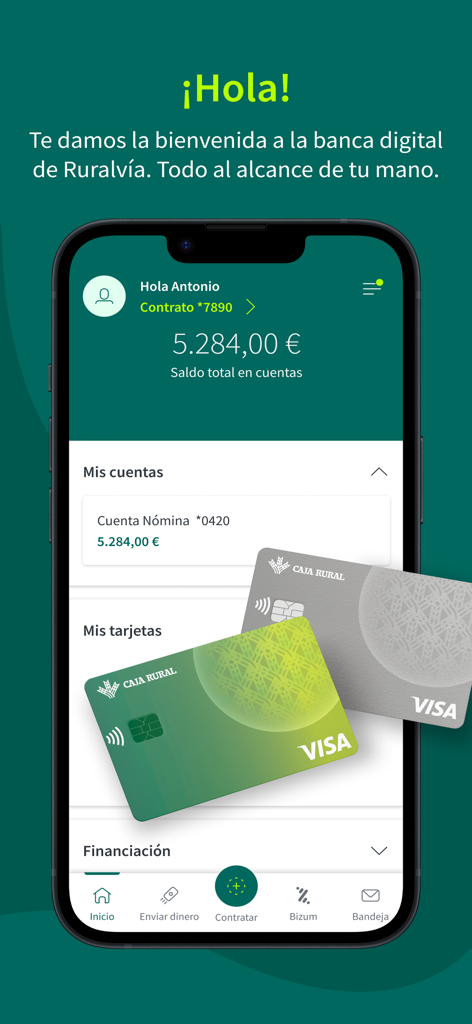 Pantalla principal de la aplicación de banca digital Ruralvia mostrando el saldo de la cuenta y las tarjetas Visa