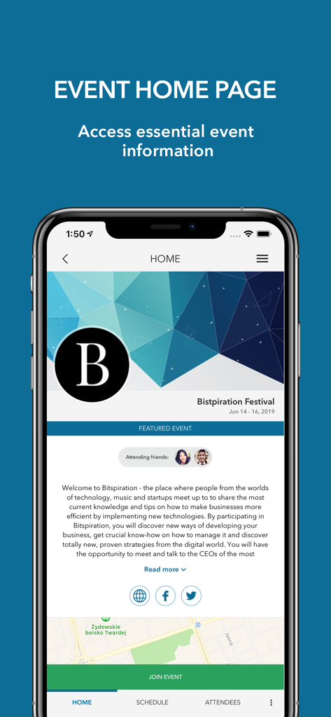 Eventory - for better events - Eventory app home page for a professional event showing event details, description, and join button
