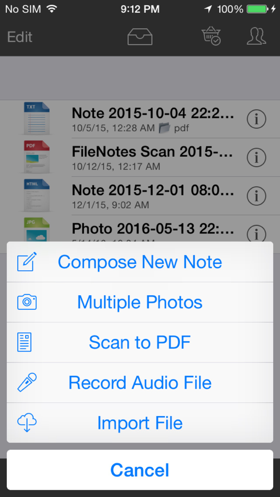 File Notes - Annotate - Action menu in File Notes app with options for composing notes, scanning documents, and recording audio.