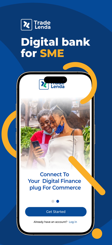 Trade Lenda mobile App Startbildschirm mit digitalen Bankdienstleistungen für Kleinunternehmer