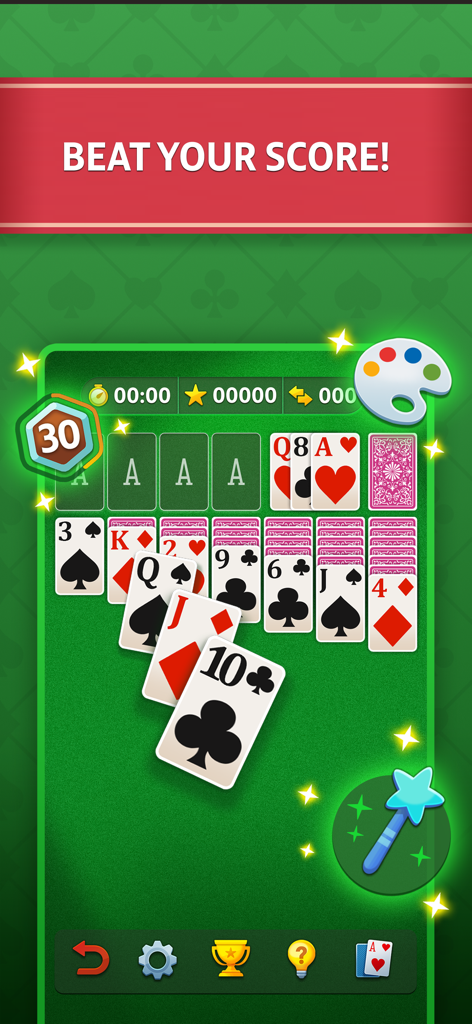 Solitaire - Classic Card Game⁎ - 녹색 배경의 클래식 클론다이크 솔리테어 게임 플레이 화면, 점수 달성 배너 포함