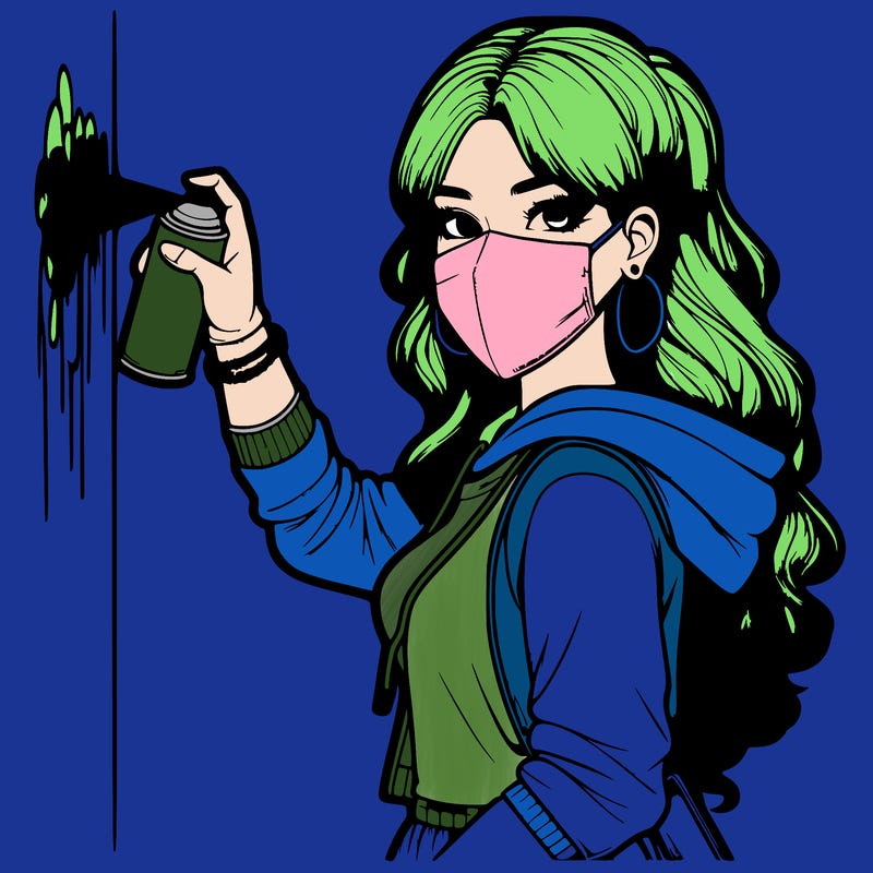 realistic girl with mask spray painting a wall