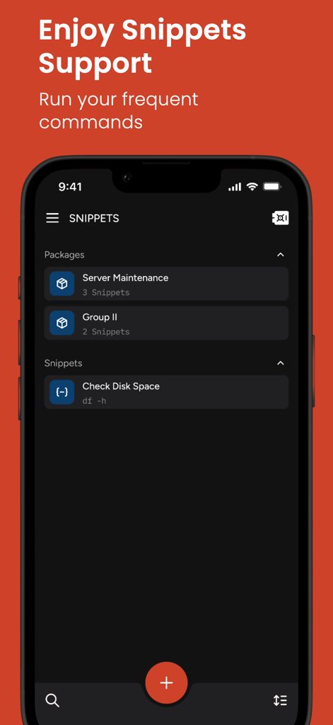 Terminal - SFTP & SSH Client - Interface of the Terminal app showing a list of saved command snippets for server maintenance and disk space monitoring