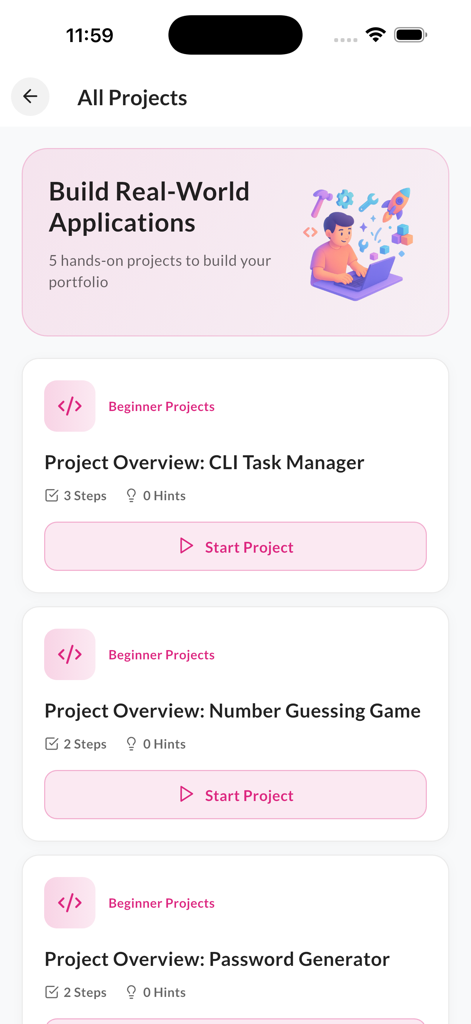 Learn Python Coding with AI - A list of beginner Python projects like CLI Task Manager and Number Guessing Game within the Learn Python Coding with AI app interface.