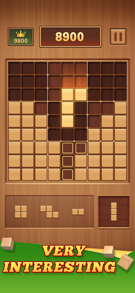Wood Block 99 - Sudoku Puzzle - Interfaz del juego de rompecabezas de bloques de madera mostrando una cuadrícula de 9x9 con bloques texturizados de madera y una pantalla de puntuación.