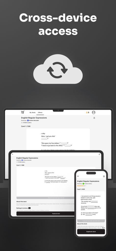 Noji flashcards app showing seamless synchronization across a laptop tablet and smartphone