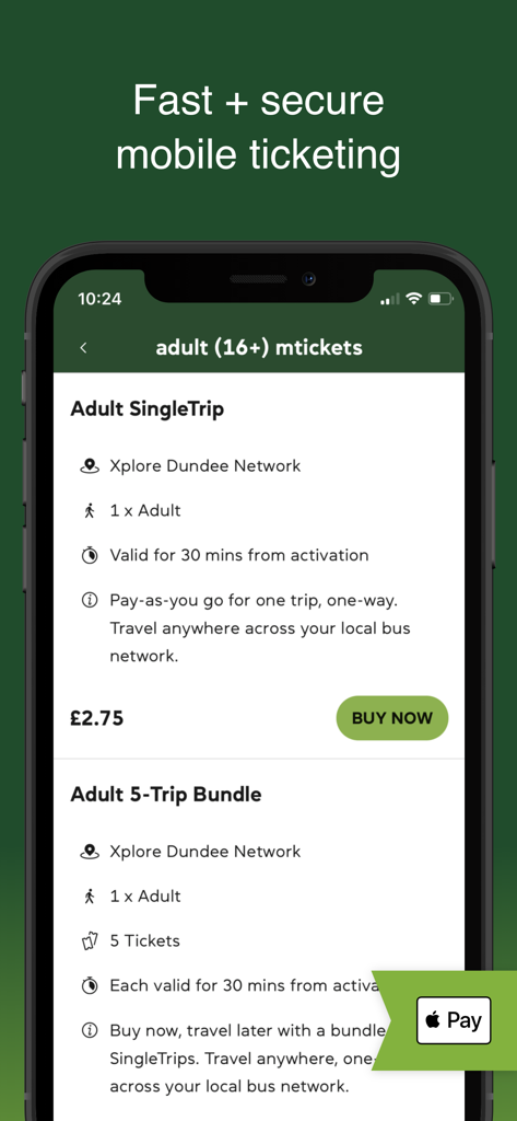 Xplore Dundee - Xplore Dundee mobile app ticket purchase screen with Apple Pay integration