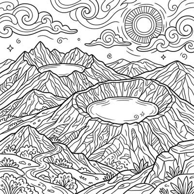 Dive into a geological adventure with this captivating crater lakes coloring page designed for kids. Discover the beauty of lakes nestled within volcanic mountains, ready for a splash of color.