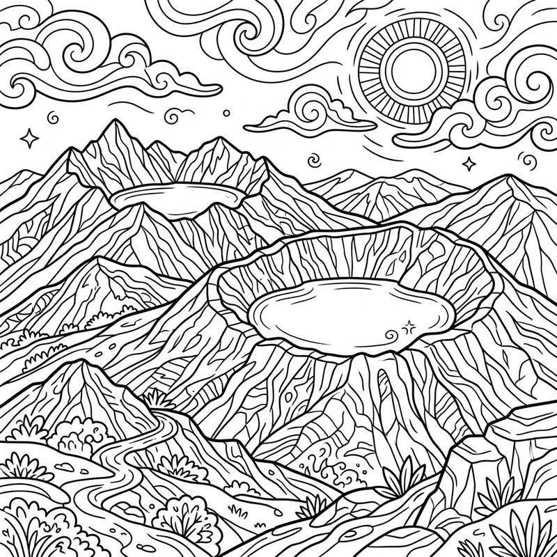 Dive into a geological adventure with this captivating crater lakes coloring page designed for kids. Discover the beauty of lakes nestled within volcanic mountains, ready for a splash of color.