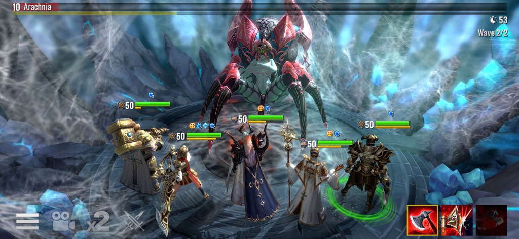 Arcane Heroes: Warbound - A group of fantasy heroes fighting the giant spider boss Arachnia in a crystal cavern raid.