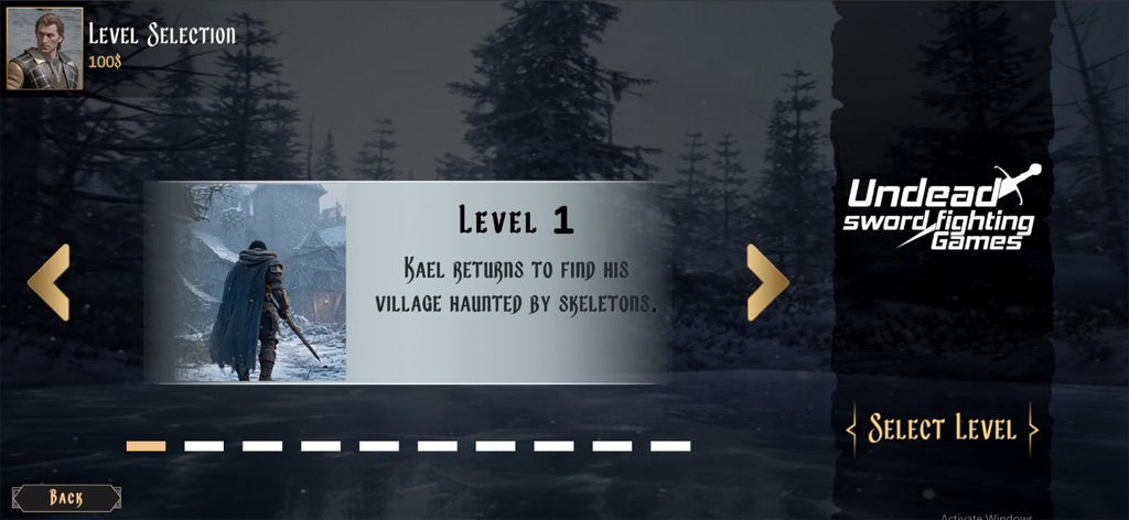 Undead: Sword Fighting Games - Level selection screen in Undead Sword Fighting Games showing Level 1 in a snowy haunted village.
