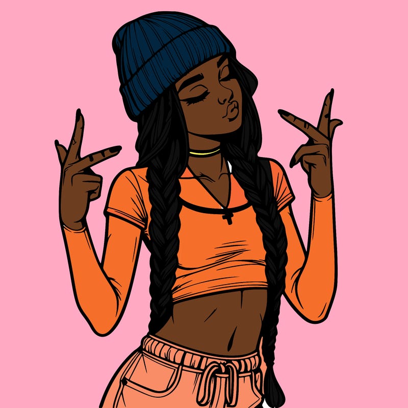 realistic teenage girl with braids and a beanie and crop top doing 🫶🏼
