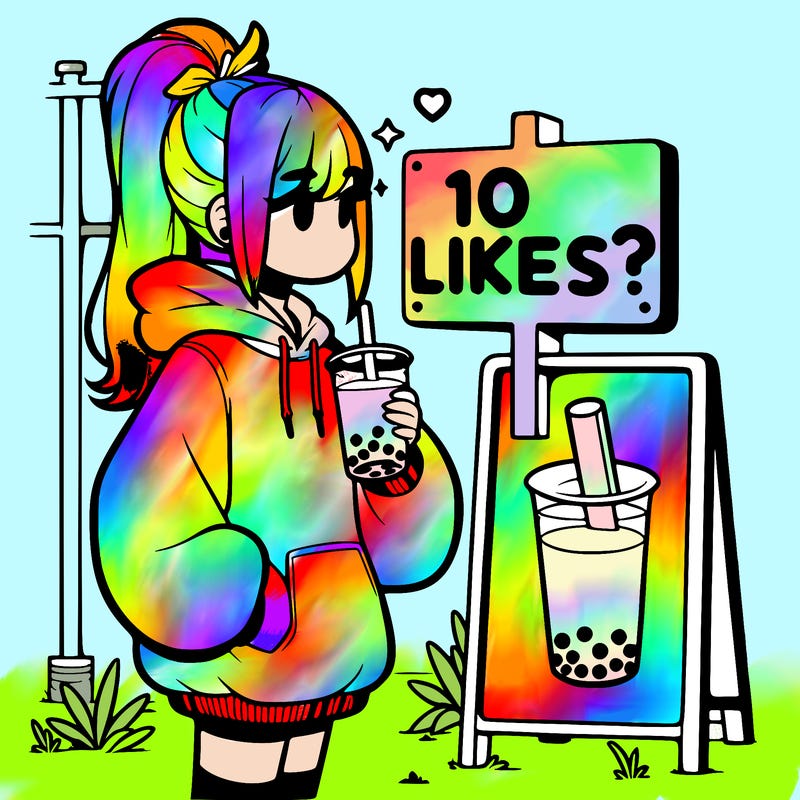girl with oversized hoodie drinking boba and she has a high ponytail with a sign that says 10likes?