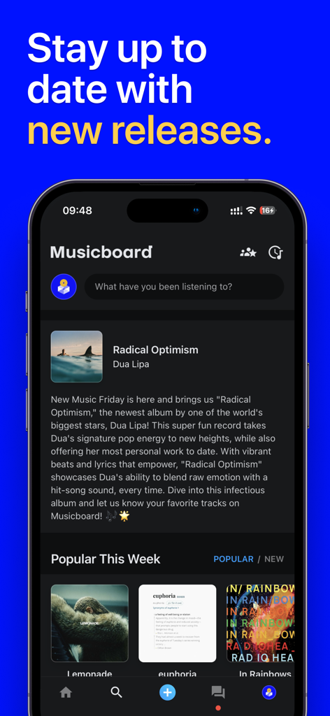 Musicboard-Mobile-App-Oberfläche, die neue Albumveröffentlichungen und angesagte Musikrezensionen zeigt.