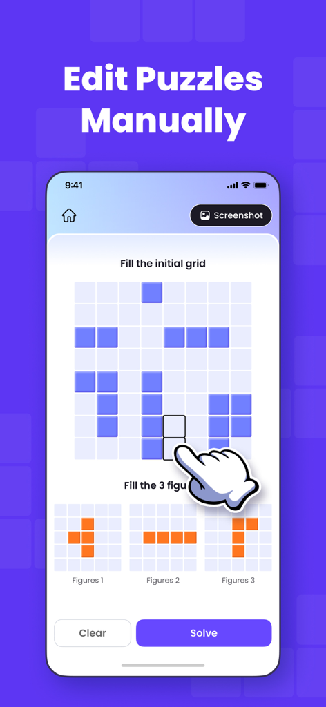 Interface for manually editing a block puzzle grid and figures to find a solution