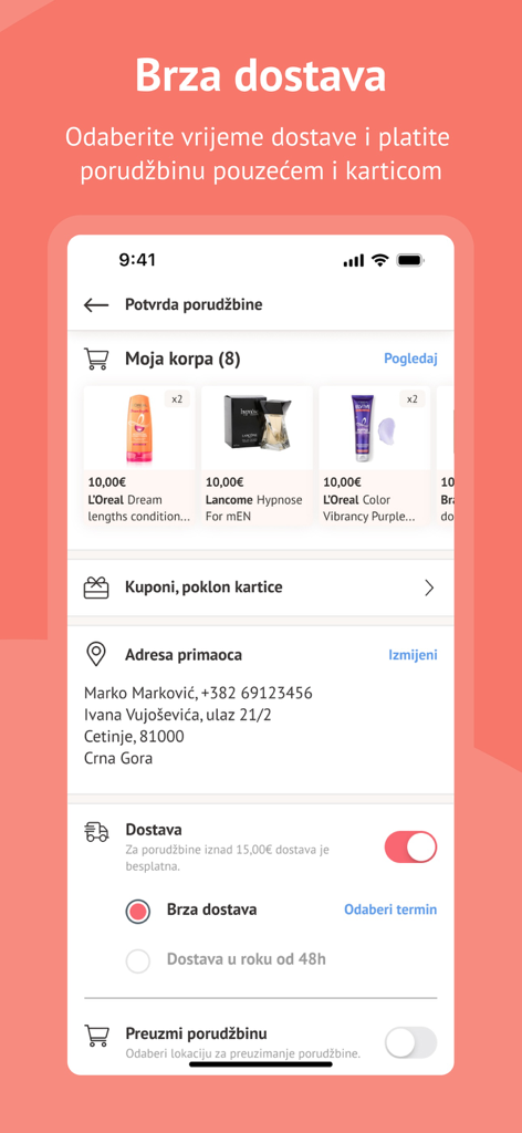 Cosmetics BF - Checkout screen of the Cosmetics BF mobile app showing shopping cart items and delivery options