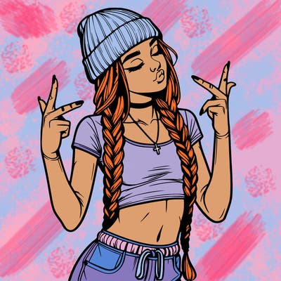 realistic teenage girl with braids and a beanie and crop top doing 🫶🏼