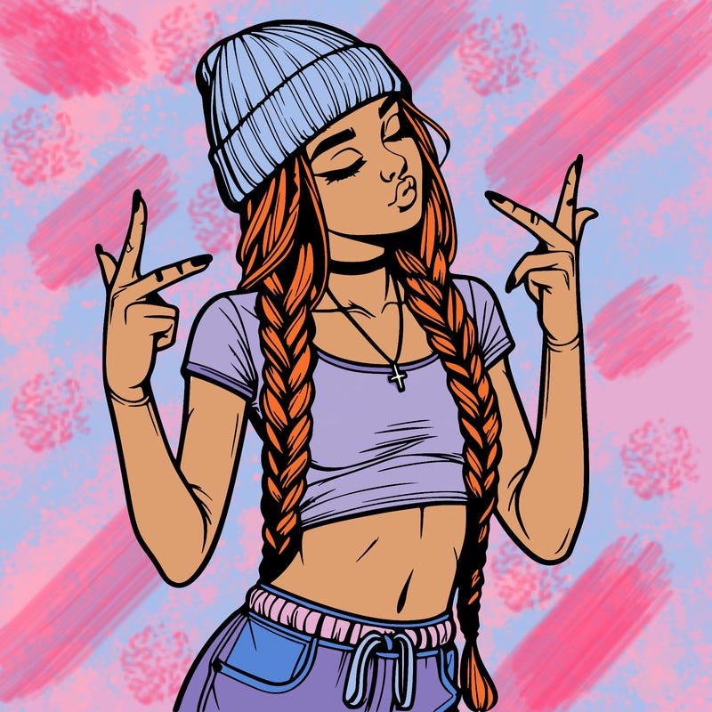realistic teenage girl with braids and a beanie and crop top doing 🫶🏼