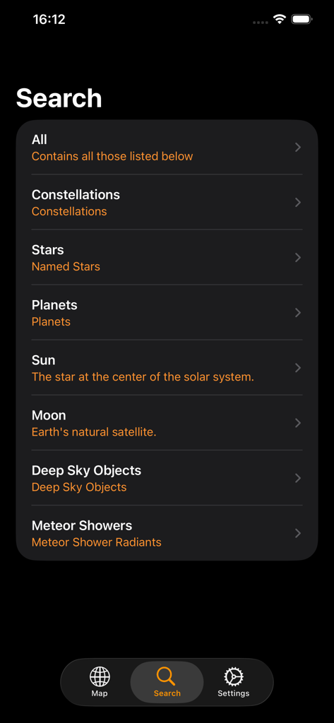 Planisphere - Search menu in the Planisphere app showing categories for constellations stars and planets