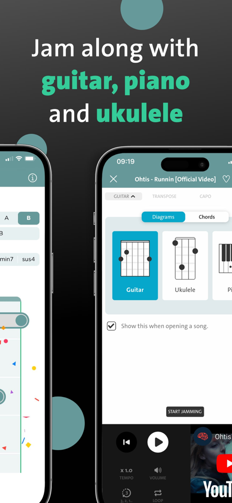 Chordify: Songs, Chords, Tuner - Aplicación móvil Chordify que muestra diagramas de acordes para guitarra, piano y ukelele