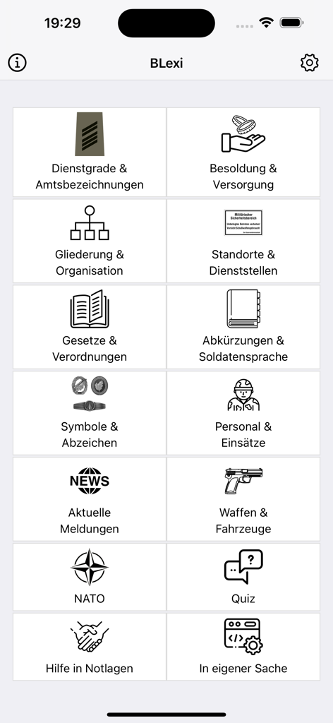 BLexi – Bundeswehr-Lexikon - Main menu of the BLexi app displaying icons for various Bundeswehr reference categories like ranks equipment and pay