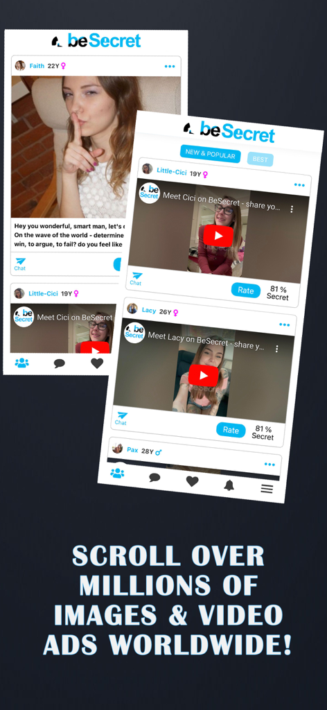 Una interfaz móvil para BeSecret que muestra perfiles de usuario con fotos y videos en un estilo de feed de redes sociales.