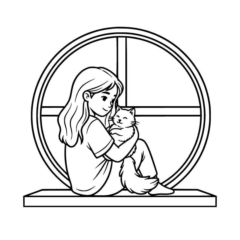 a girl with a cat in her arm sitting on the window