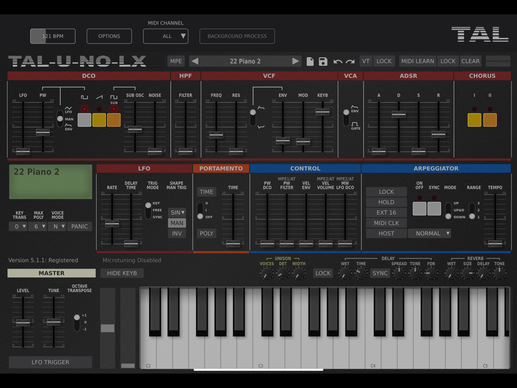 Detailed interface of the TAL-U-NO-LX synthesizer app showing analog style controls and virtual keys
