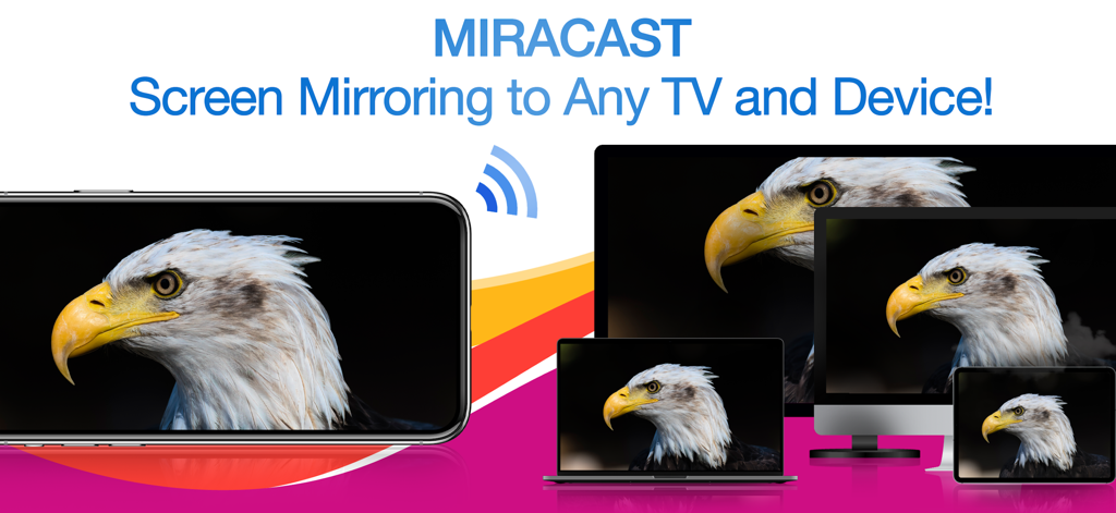 An iPhone mirroring an image of an eagle wirelessly to a laptop, desktop monitor, and tablet simultaneously