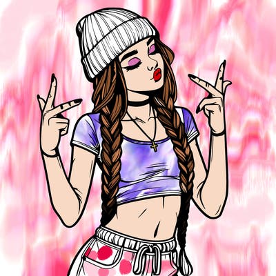 realistic teenage girl with braids and a beanie and crop top doing 🫶🏼
