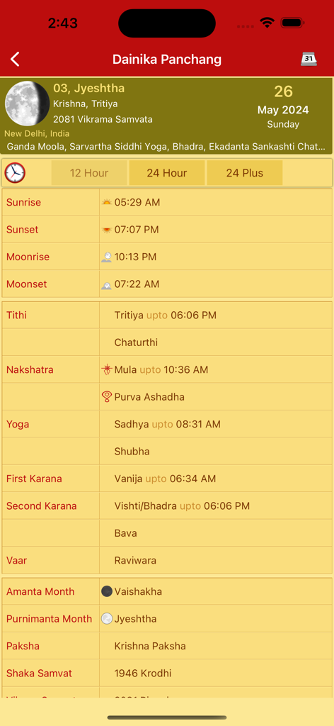 Hindu Calendar - Drik Panchang - Drik Panchang app screen showing daily astrological data including sunrise sunset and tithi information