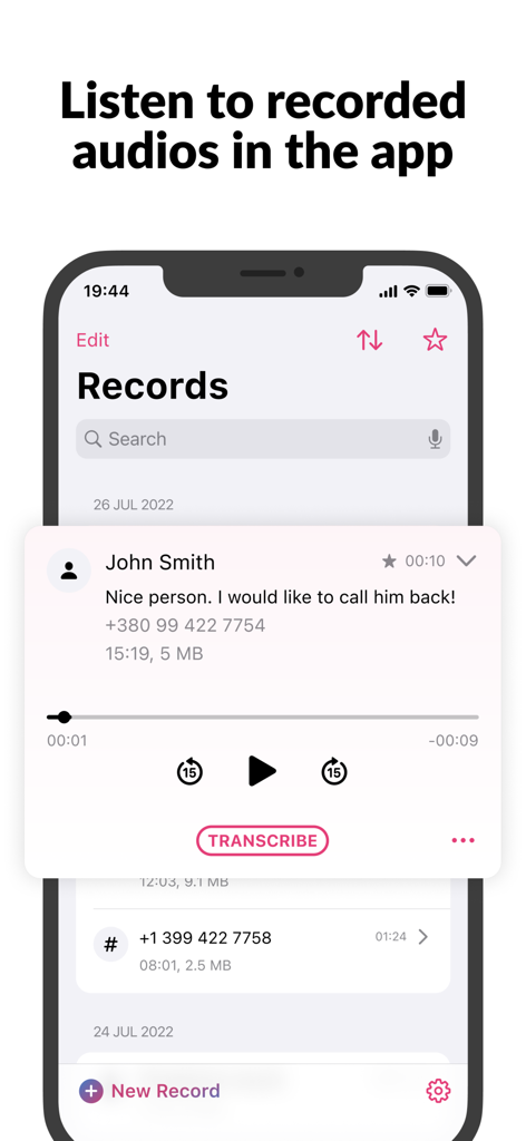 Interface of the Cube ACR app showing a recorded call playback with a button to transcribe the audio into text.