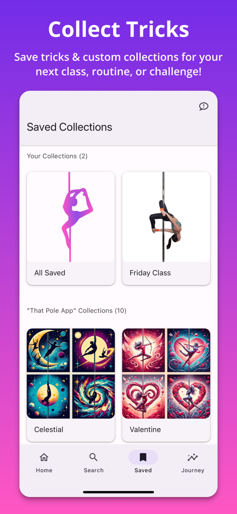 That Pole App - Interface showing saved pole fitness trick collections categorized by user lists and themed app collections