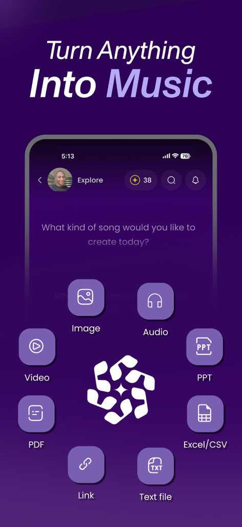 Song GPT AI Song & Music Maker - Song GPT mobile app interface displaying options to create songs from images videos and documents