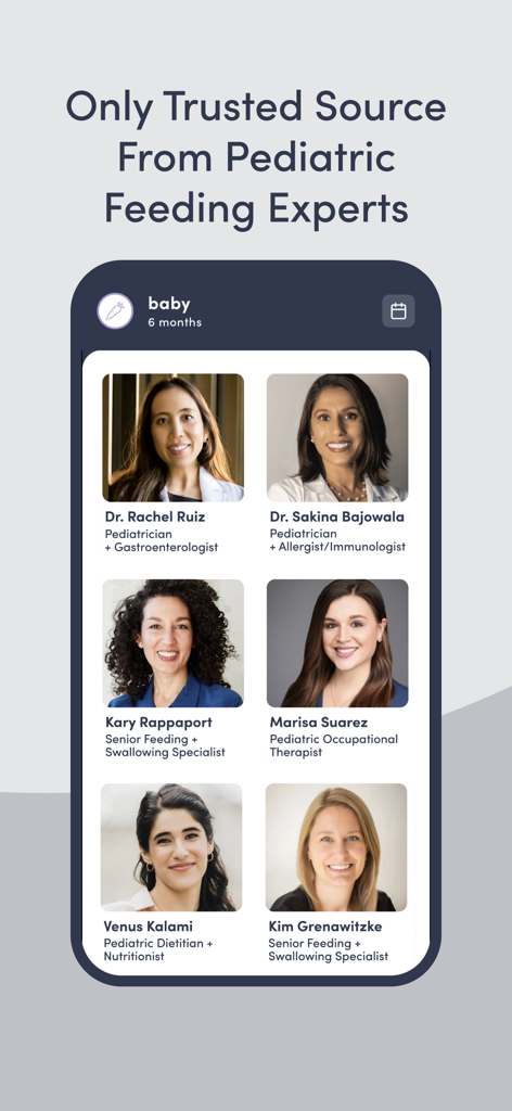 Un groupe d'experts en alimentation pédiatrique et de professionnels de la santé de l'équipe de l'application Solid Starts.