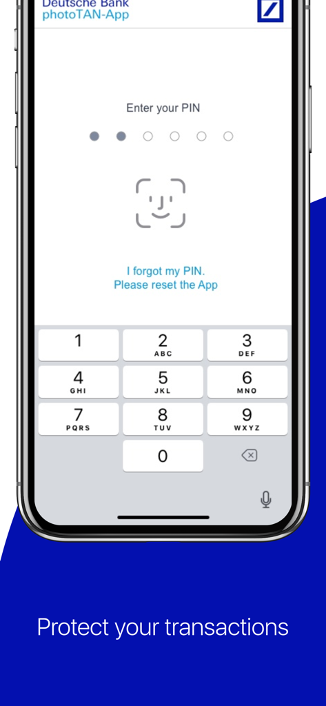 Schermata sicura di inserimento del PIN per l'app Deutsche Bank photoTAN con opzioni di accesso biometrico