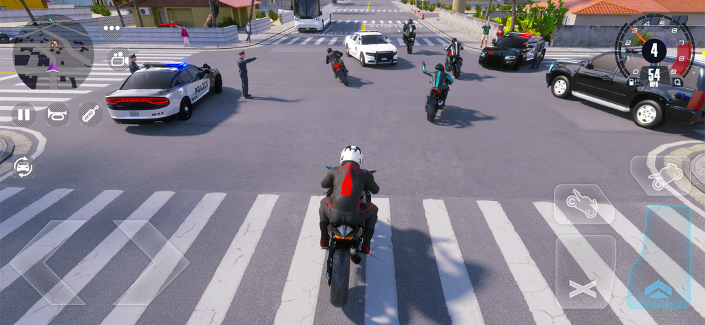 Street Racing EVO : Car & Moto - A motorcycle rider in a city intersection surrounded by police cars and other motorcyclists in Street Racing EVO