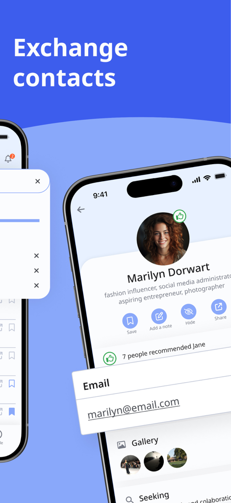 A mobile screen showing a Buzzly user profile and the option to exchange email contact information.