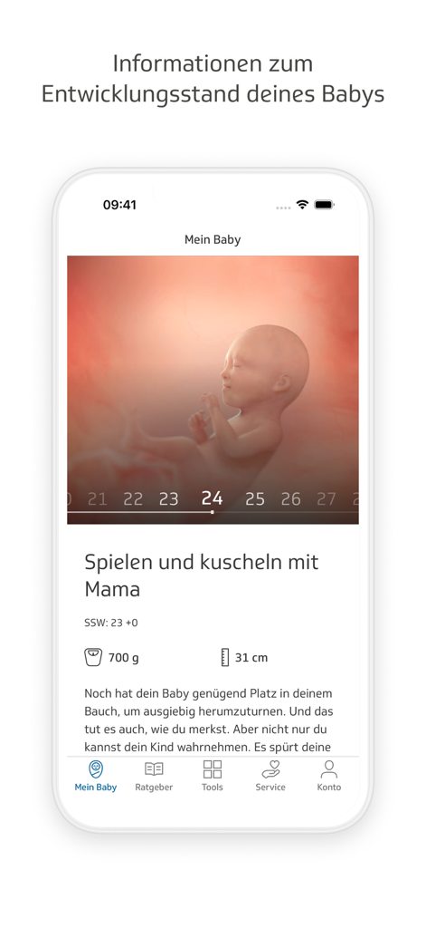 TK-BabyZeit App-Oberfläche, die den Entwicklungsstatus des Babys mit Fötusbild und Wachstumsmetriken zeigt