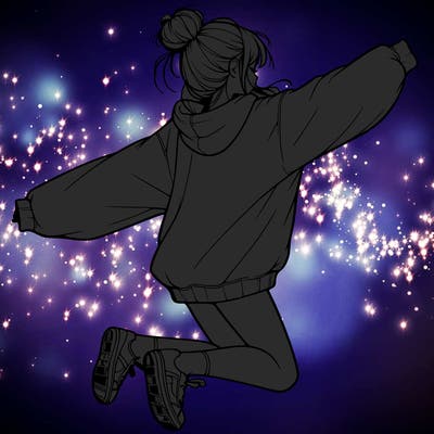realistic girl jumping with a bun and oversized sweatshirt