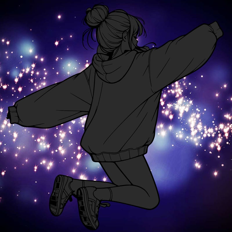 realistic girl jumping with a bun and oversized sweatshirt