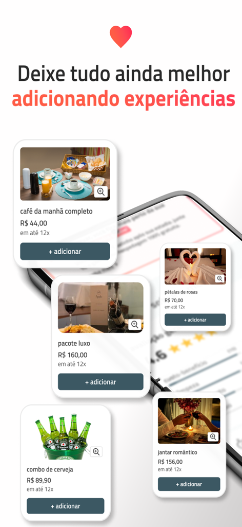 guia de motéis go - Écran de l'application Guia de Moteis Go montrant des services romantiques supplémentaires pour les réservations