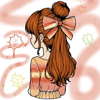 realistic girl  with hip length hair a bun and a big bow on the back of head
