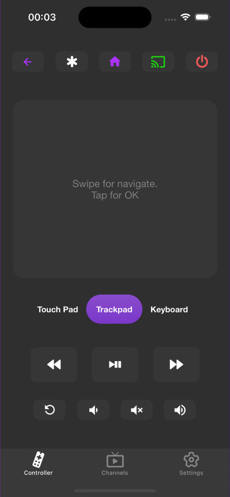 Remote Controller for TV - User interface of the Remote Controller for TV app featuring a digital trackpad and playback buttons