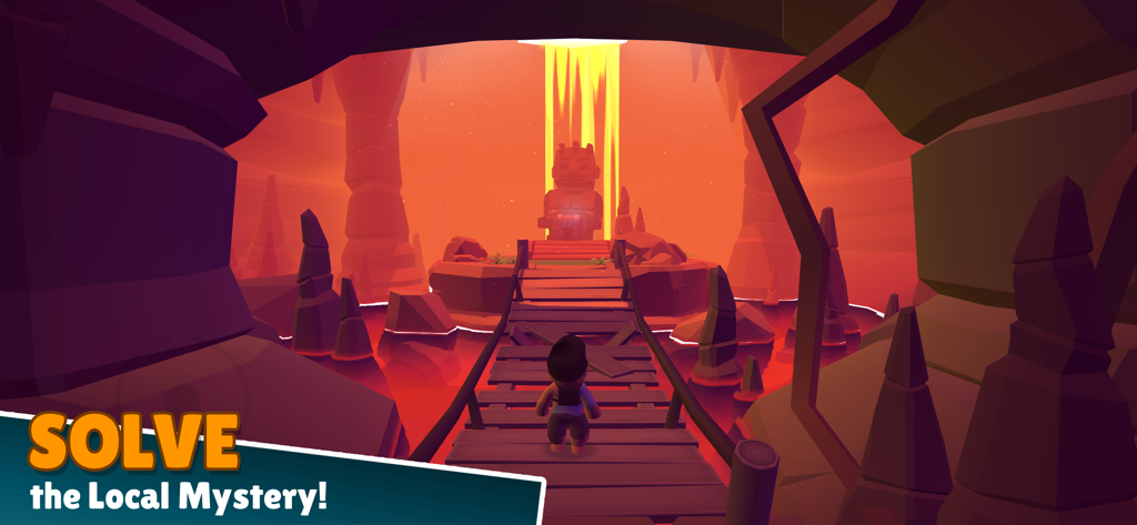 Un personaje caminando por un puente hacia una gran estatua antigua en una caverna brillante.